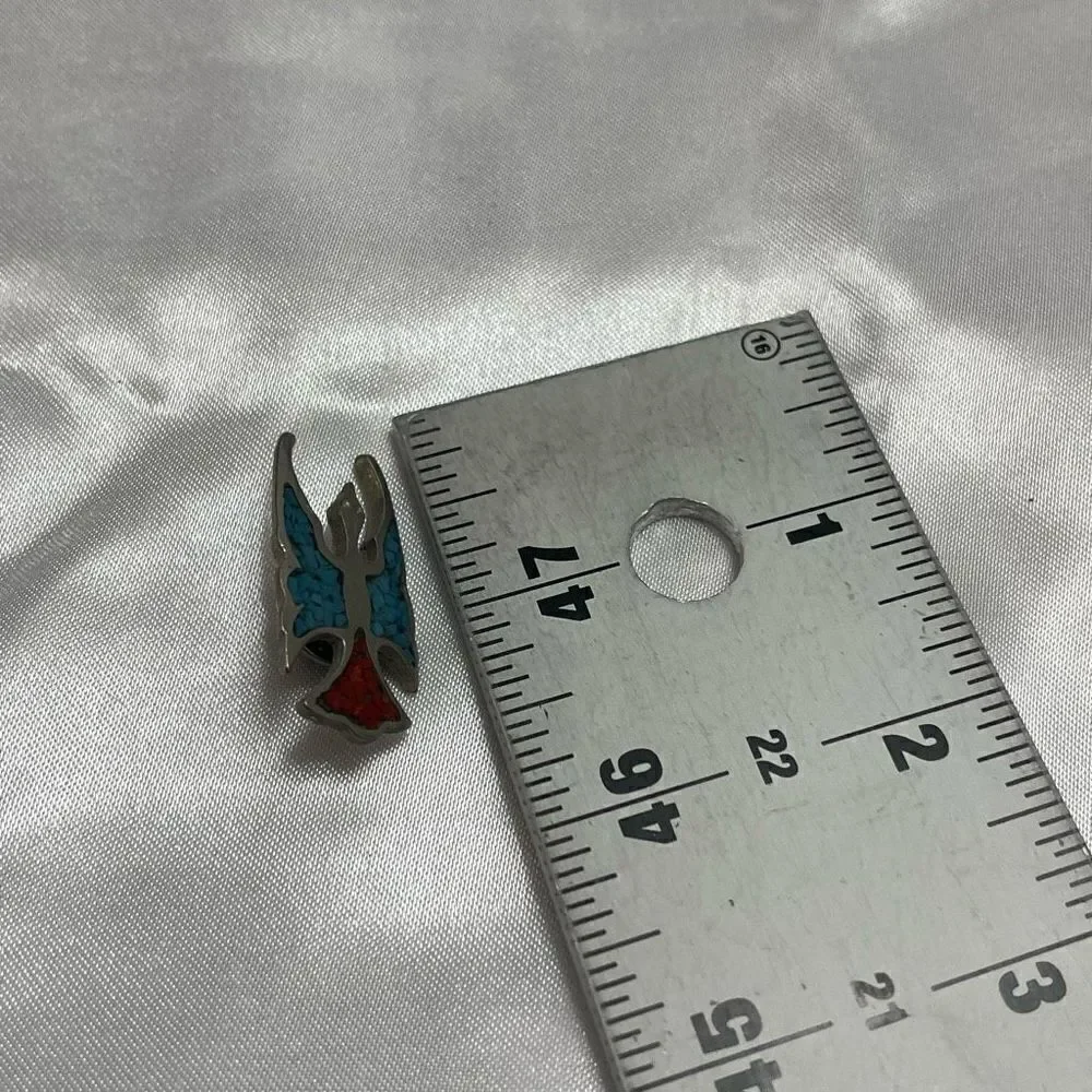 Silver Rain Peyote Bird Phoenix Turquoise & Coral Inlay Brooch Pin